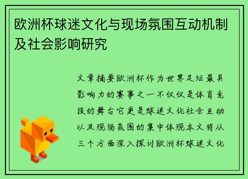 欧洲杯球迷文化与现场氛围互动机制及社会影响研究